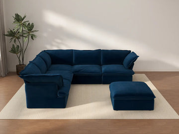 Sofá de 5 plazas Deluxe Cloud en azul oscuro con almacenamiento | 6 piezas (incluye 1 otomana), tela de terciopelo, fundas lavables