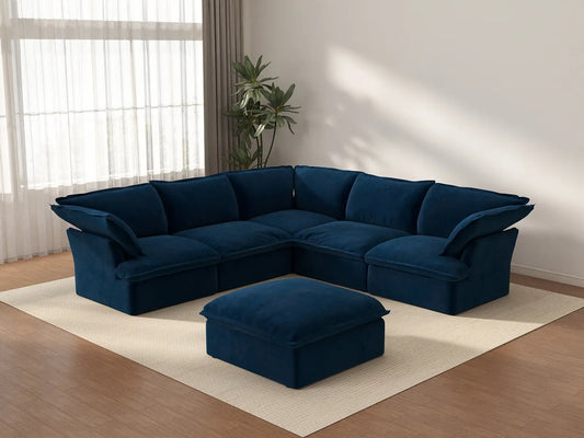 Sofá de 5 plazas Deluxe Cloud en azul oscuro con almacenamiento | 6 piezas (incluye 1 otomana), tela de terciopelo, fundas lavables