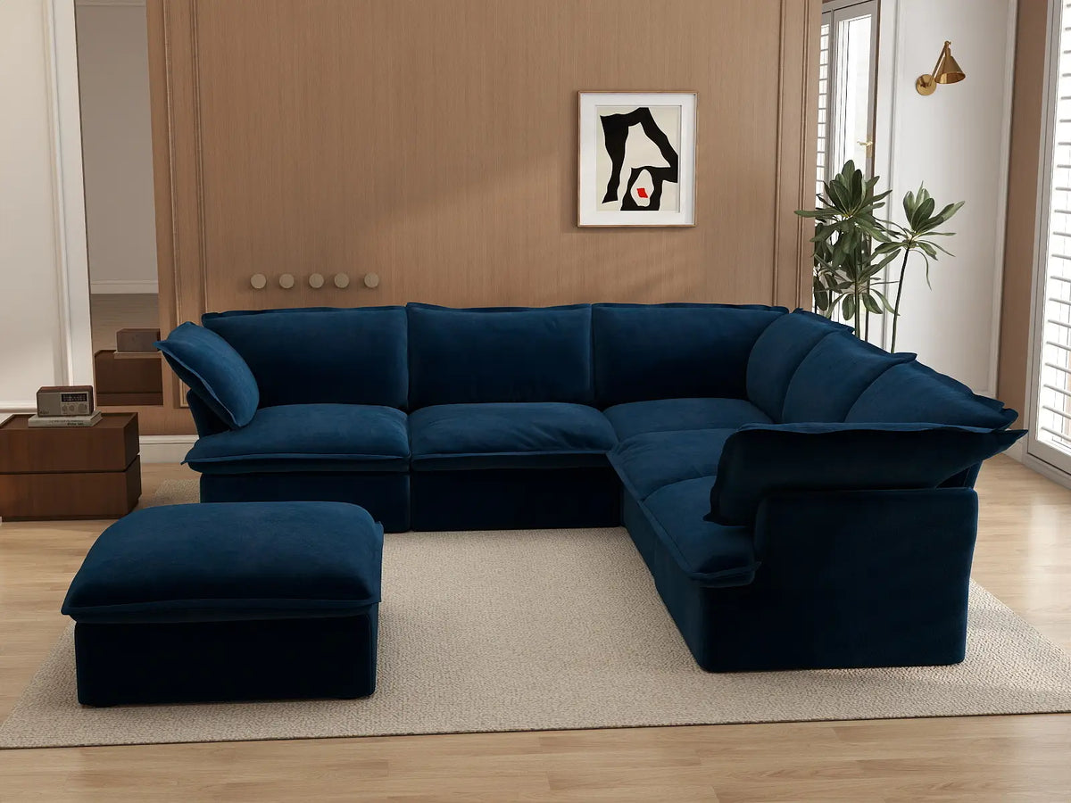 Deluxe Cloud Dark Blue 5-Seater Sofa with Storage | 6-Piece (includes 1 ottoman), Velvet Fabric, Washable Covers