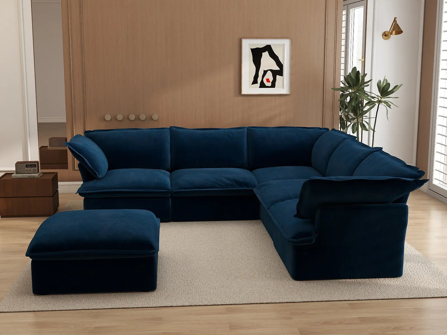 Deluxe Cloud Dark Blue 5-Seater Sofa with Storage | 6-Piece (includes 1 ottoman), Velvet Fabric, Washable Covers
