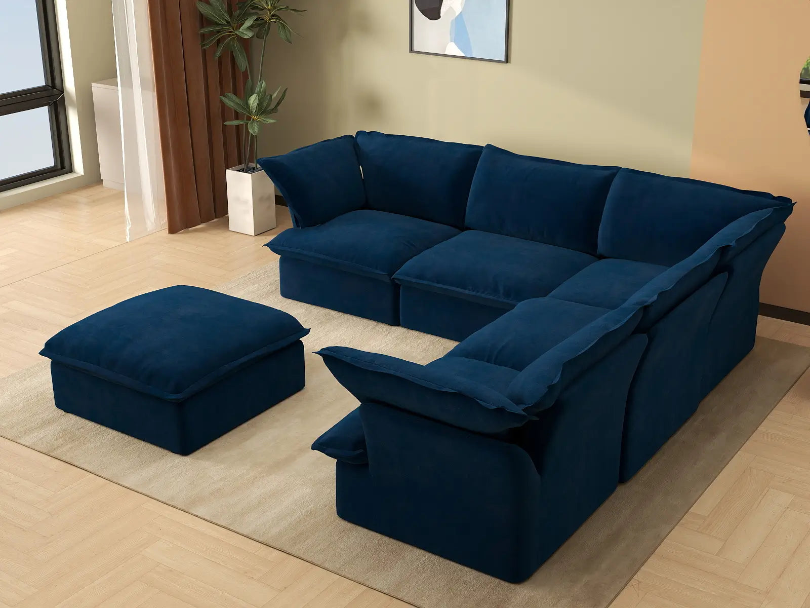 Sofá de 5 plazas Deluxe Cloud en azul oscuro con almacenamiento | 6 piezas (incluye 1 otomana), tela de terciopelo, fundas lavables