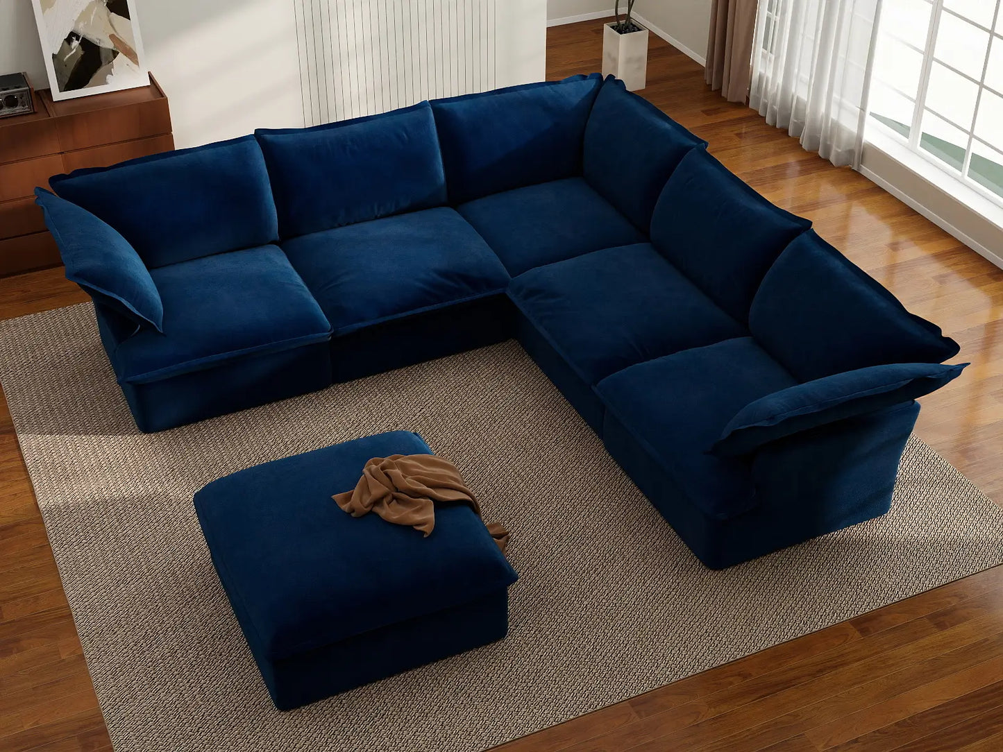 Deluxe Cloud Dark Blue 5-Seater Sofa with Storage | 6-Piece (includes 1 ottoman), Velvet Fabric, Washable Covers