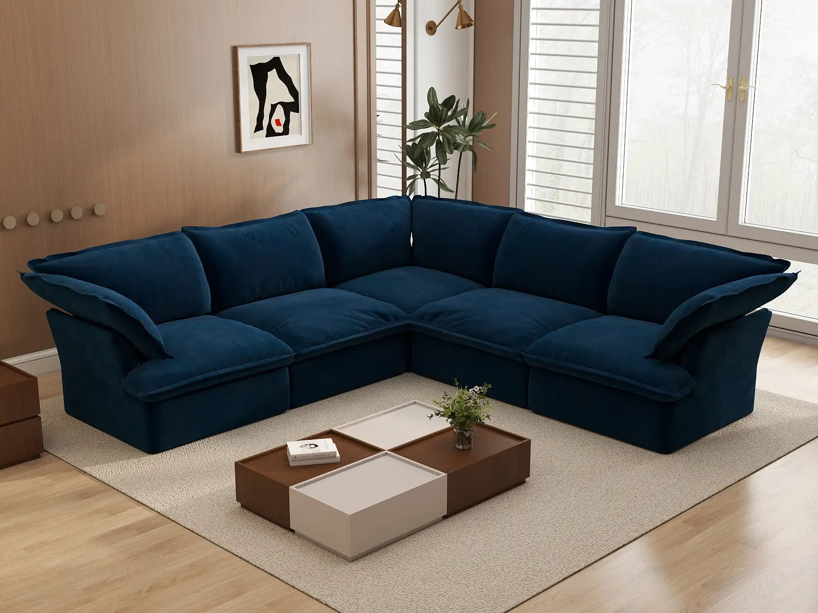 Sofá de lujo en forma de V de 5 plazas azul oscuro nube | 5 piezas, tela de terciopelo, fundas lavables