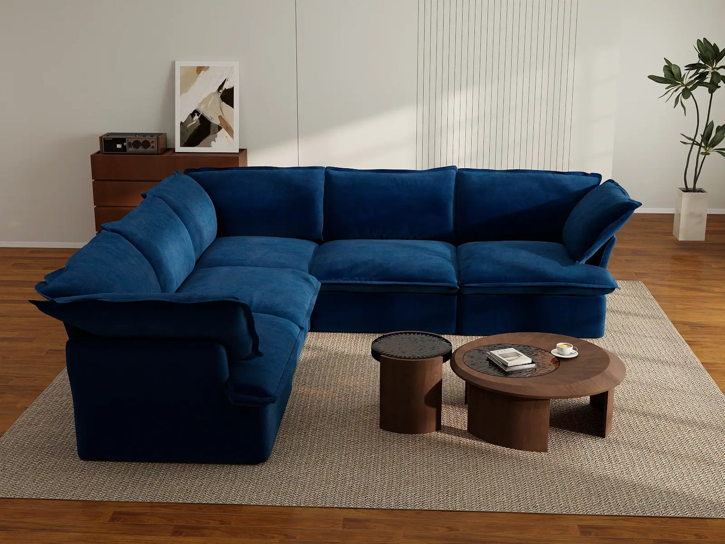 Deluxe Cloud Dark Blue 5-Seater V-Shaped Sofa | 5-Piece, Velvet Fabric, Washable Covers