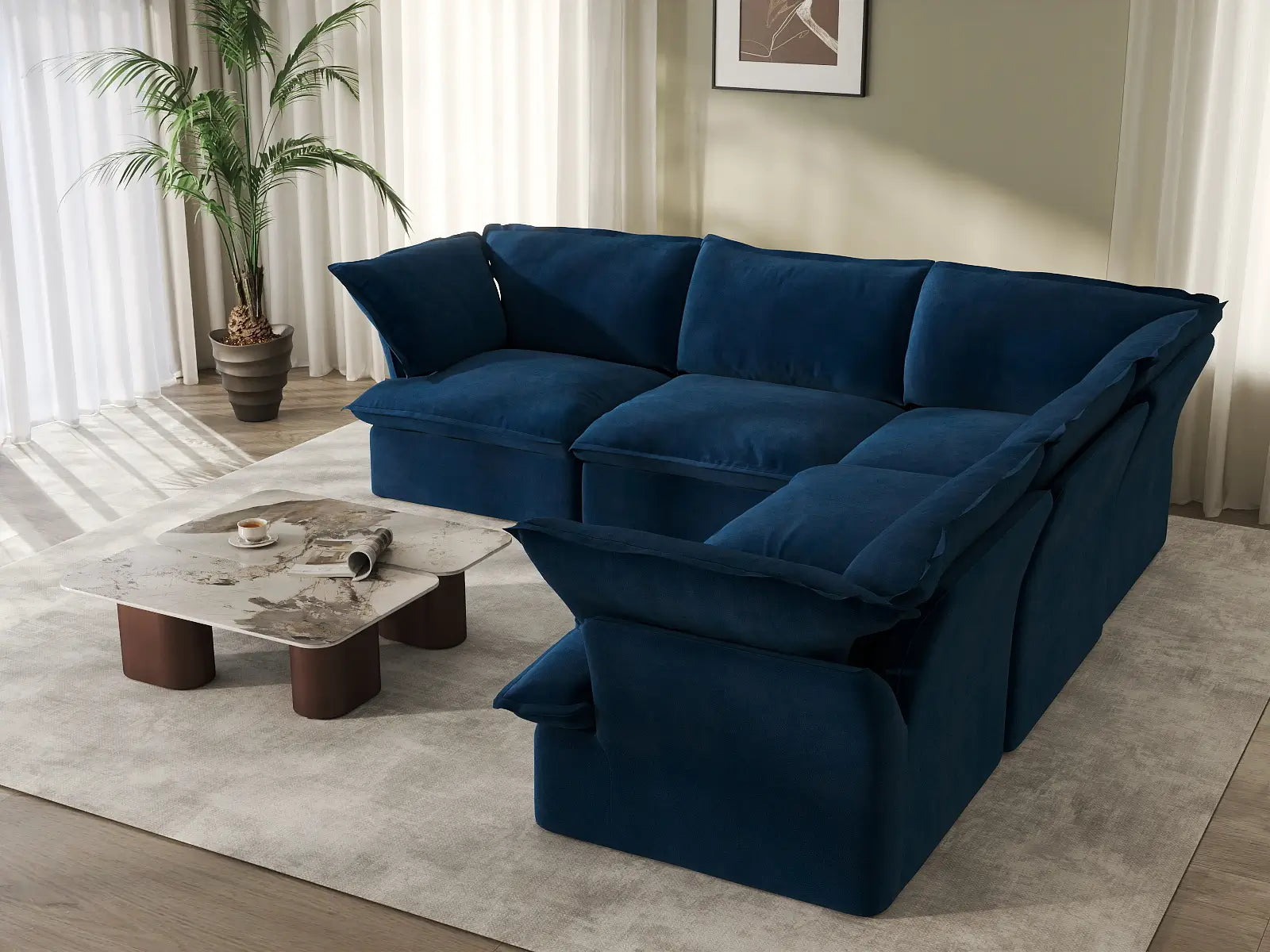 Sofá de lujo en forma de V de 5 plazas azul oscuro nube | 5 piezas, tela de terciopelo, fundas lavables