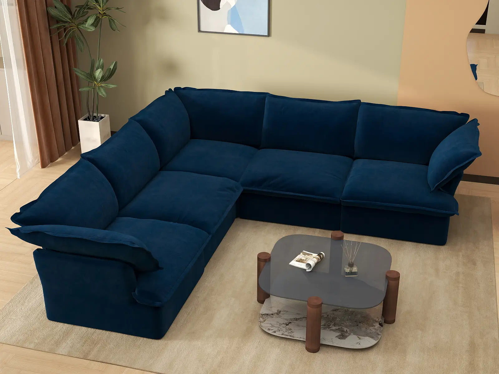 Sofá de lujo en forma de V de 5 plazas azul oscuro nube | 5 piezas, tela de terciopelo, fundas lavables