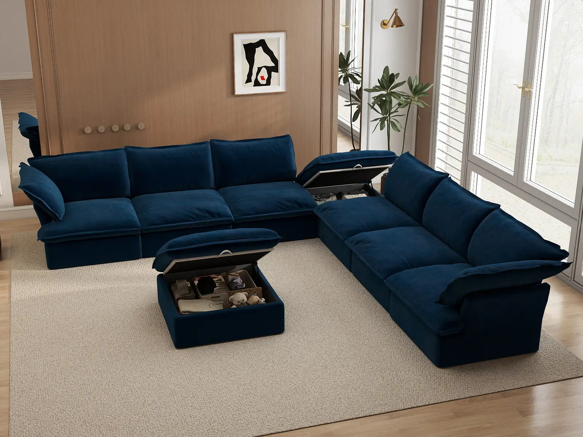 Deluxe Cloud Dark Blue 6-Seater Sofa with Storage | 8-Piece (includes 2 ottomans), Velvet Fabric, Washable Covers