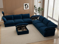 Deluxe Cloud Dark Blue 6-Seater Sofa with Storage | 8-Piece (includes 2 ottomans), Velvet Fabric, Washable Covers