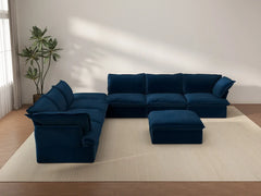 Deluxe Cloud Dark Blue 6-Seater Sofa with Storage | 8-Piece (includes 2 ottomans), Velvet Fabric, Washable Covers