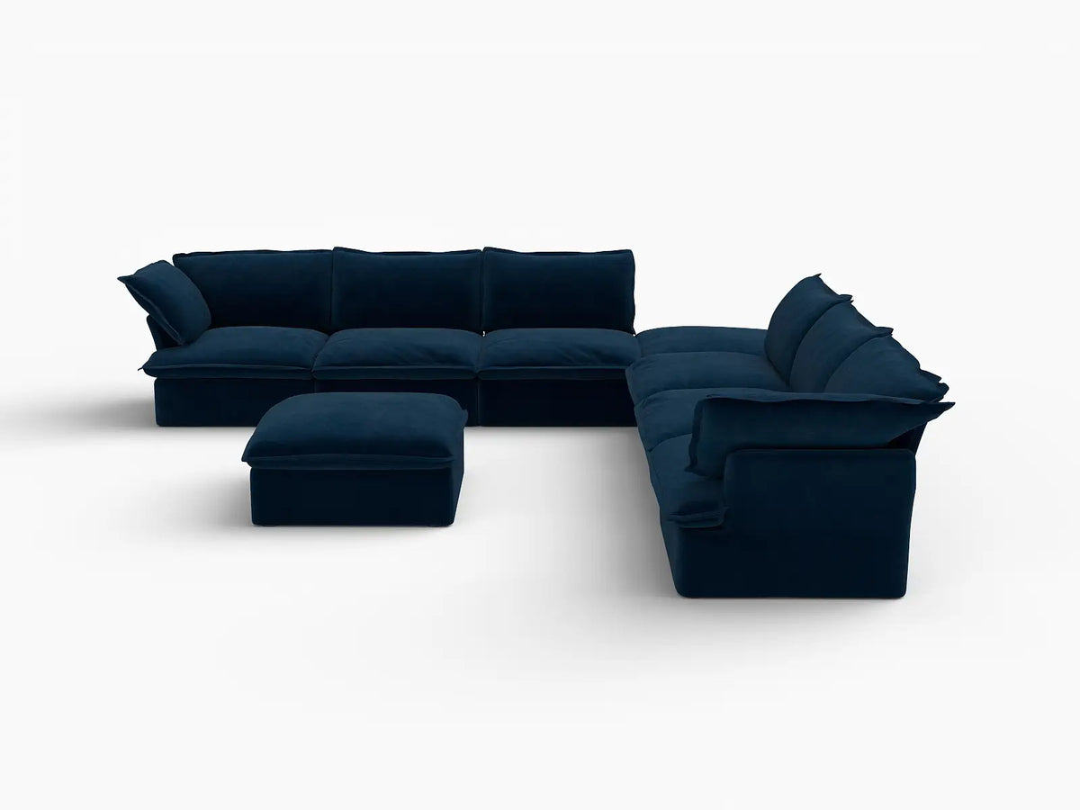 Deluxe Cloud Dark Blue 6-Seater Sofa with Storage | 8-Piece (includes 2 ottomans), Velvet Fabric, Washable Covers