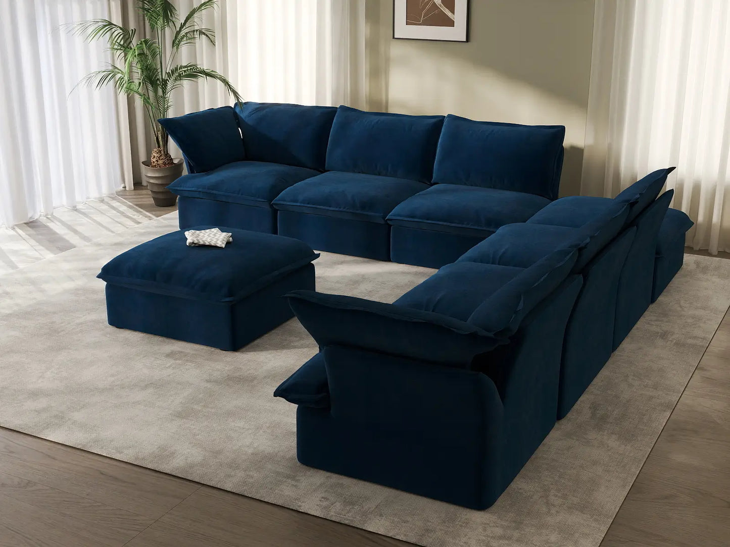 Deluxe Cloud Dark Blue 6-Seater Sofa with Storage | 8-Piece (includes 2 ottomans), Velvet Fabric, Washable Covers