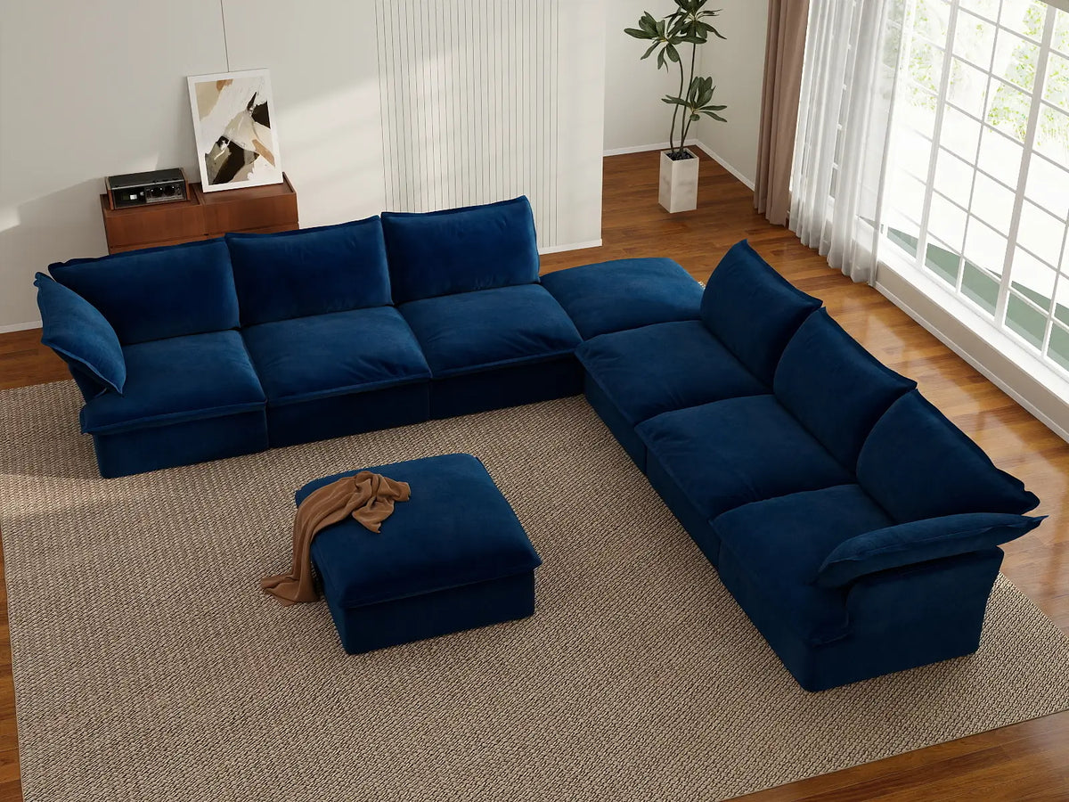 Deluxe Cloud Dark Blue 6-Seater Sofa with Storage | 8-Piece (includes 2 ottomans), Velvet Fabric, Washable Covers