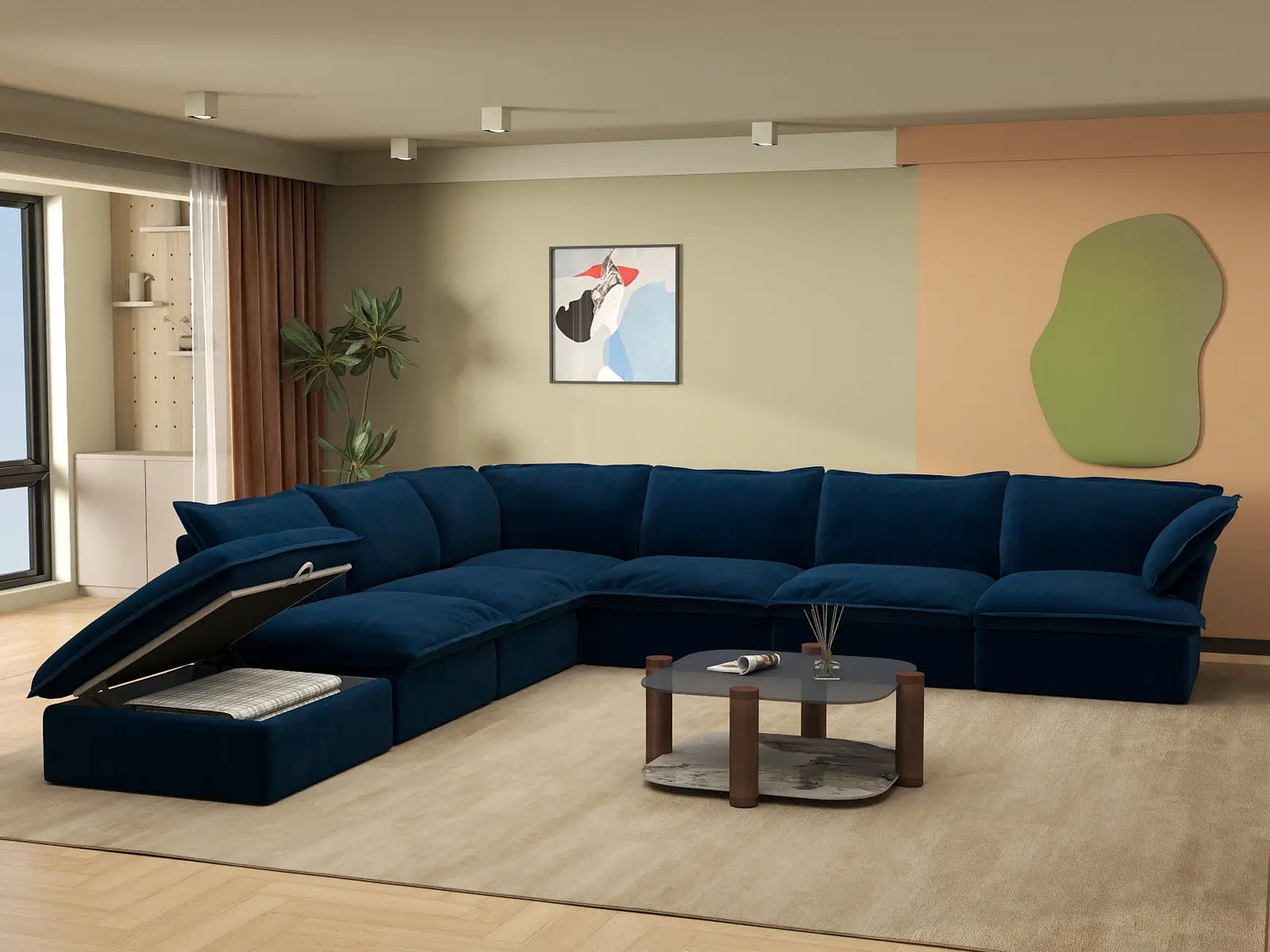 Deluxe Cloud Dark Blue 6-Seater V-Shaped Modular Sofa | 7-Piece (includes 1 ottoman), Velvet Fabric, Storage Ottoman