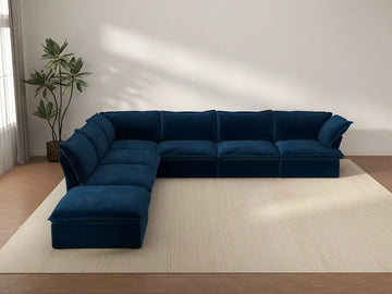 Sofá Modular de Lujo en Forma de V de 6 Plazas en Azul Oscuro Nublado | 7 Piezas (incluye 1 otomana), Tela de Terciopelo, Otomana con Almacenamiento
