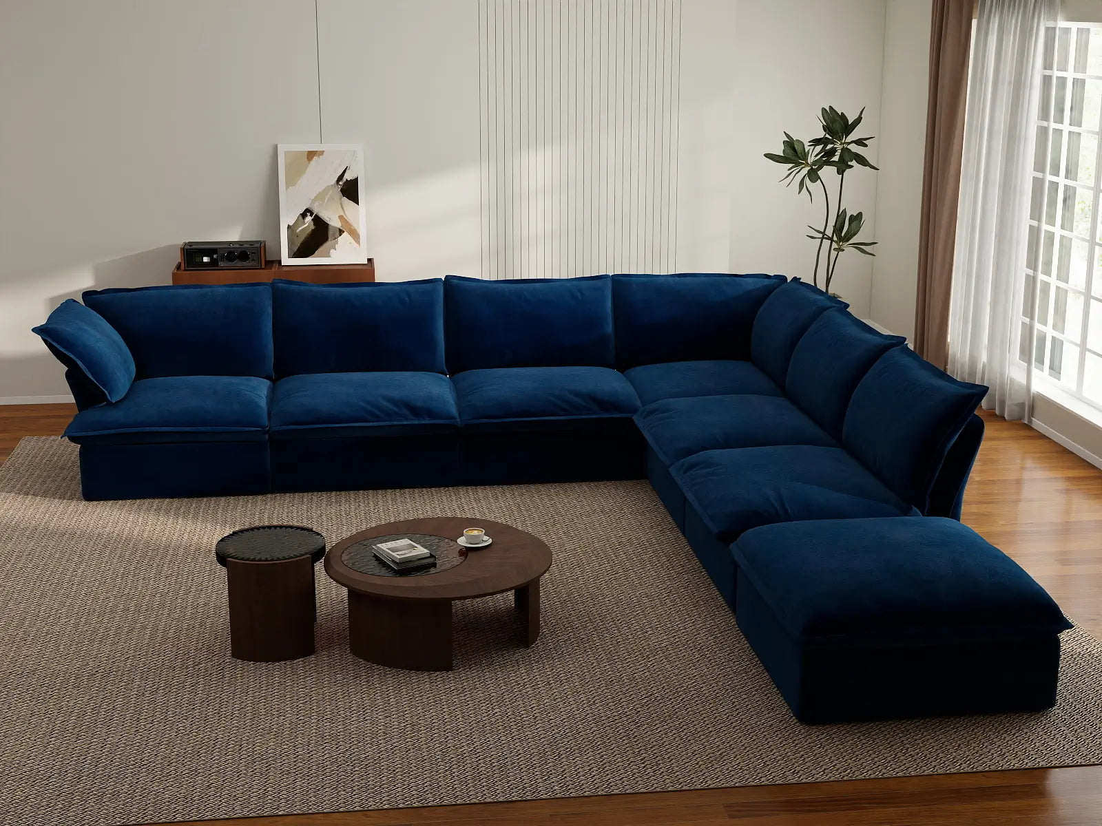 Sofá Modular de Lujo en Forma de V de 6 Plazas en Azul Oscuro Nublado | 7 Piezas (incluye 1 otomana), Tela de Terciopelo, Otomana con Almacenamiento