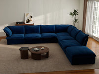 Deluxe Cloud Dark Blue 6-Seater V-Shaped Modular Sofa | 7-Piece (includes 1 ottoman), Velvet Fabric, Storage Ottoman