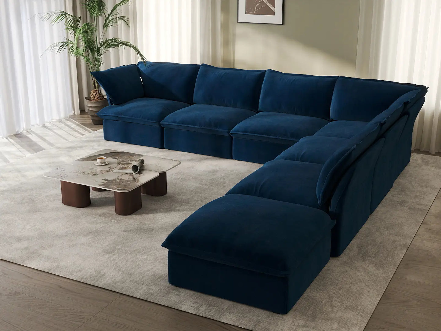 Deluxe Cloud Dark Blue 6-Seater V-Shaped Modular Sofa | 7-Piece (includes 1 ottoman), Velvet Fabric, Storage Ottoman