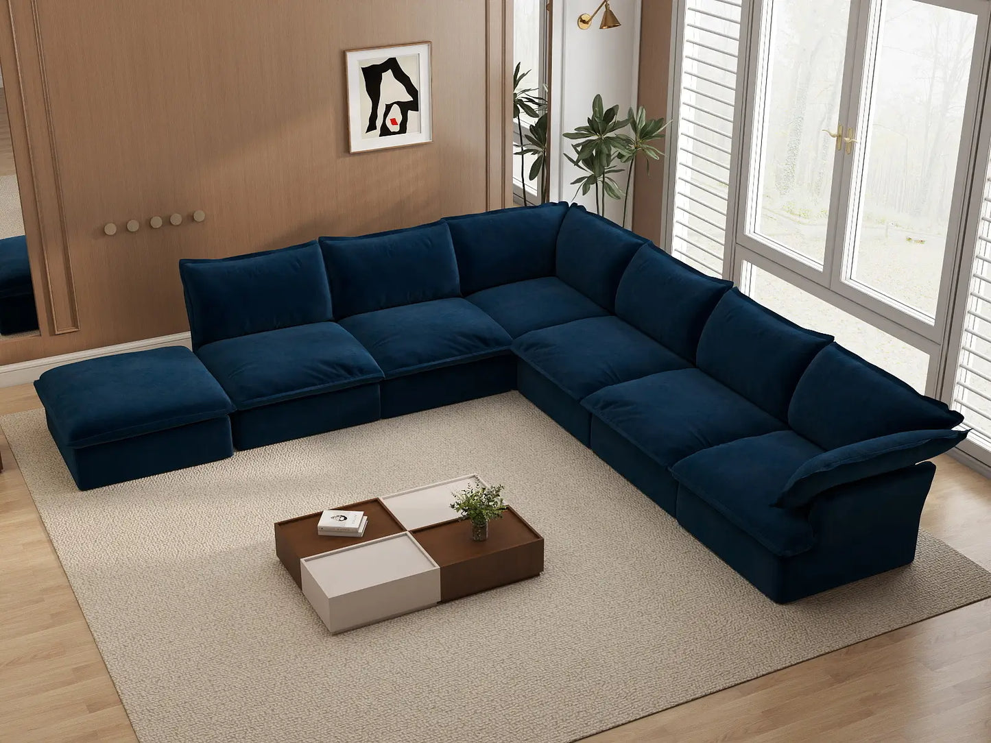 Deluxe Cloud Dark Blue 6-Seater V-Shaped Modular Sofa | 7-Piece (includes 1 ottoman), Velvet Fabric, Storage Ottoman