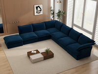 Deluxe Cloud Dark Blue 6-Seater V-Shaped Modular Sofa | 7-Piece (includes 1 ottoman), Velvet Fabric, Storage Ottoman