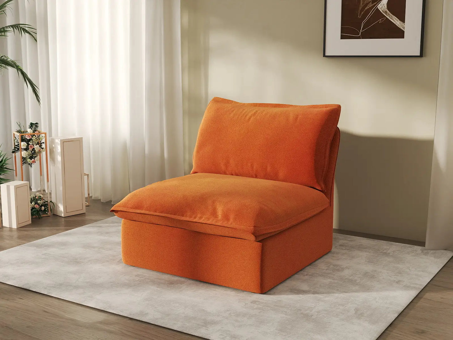 Deluxe Cloud Dark Orange 1-Seater Single Sofa | 1-Piece, Velvet Fabric, Washable Covers