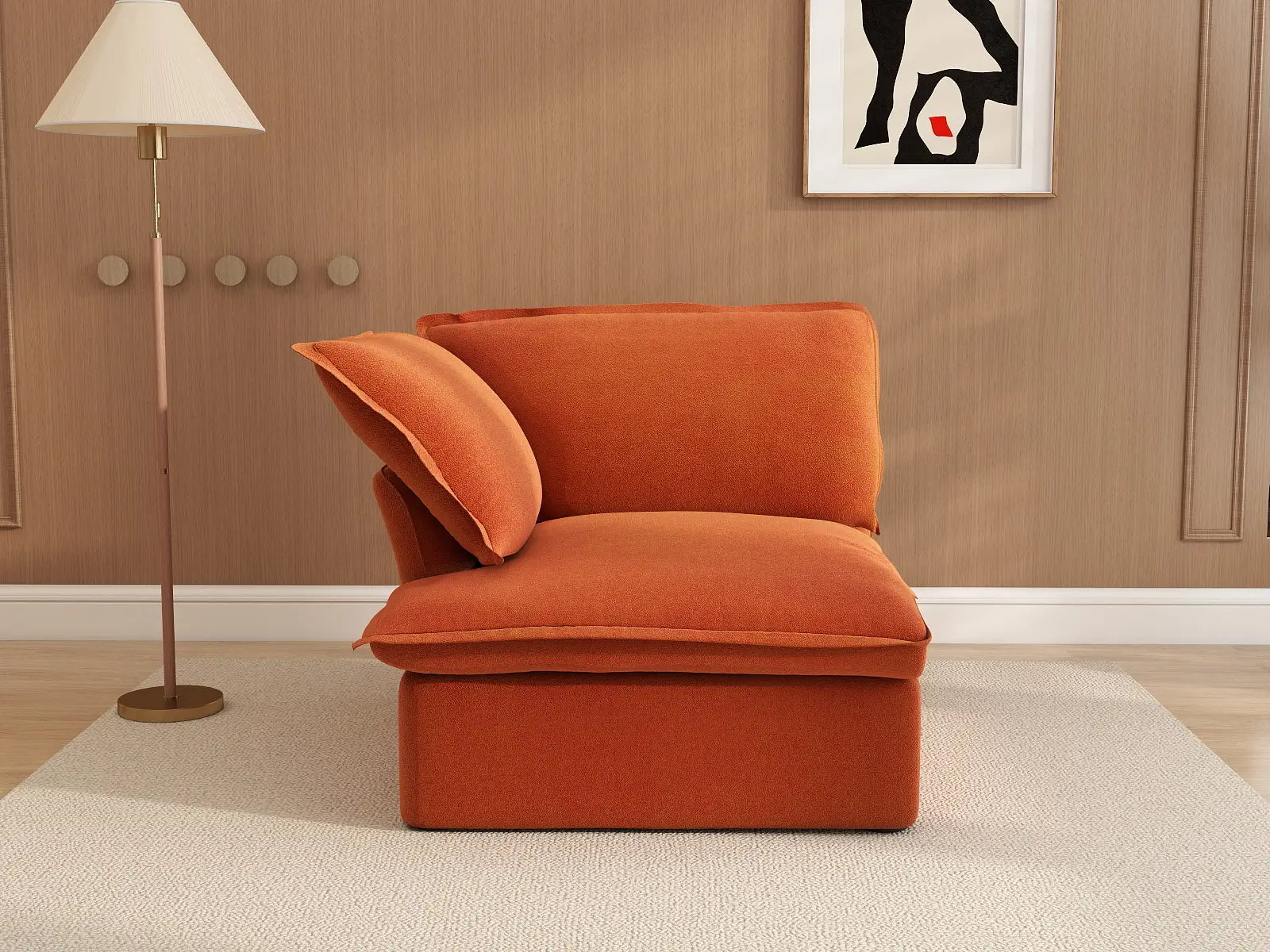 Deluxe Cloud Dark Orange 1-Seater Single Sofa | 1-Piece, Velvet Fabric, Washable Covers