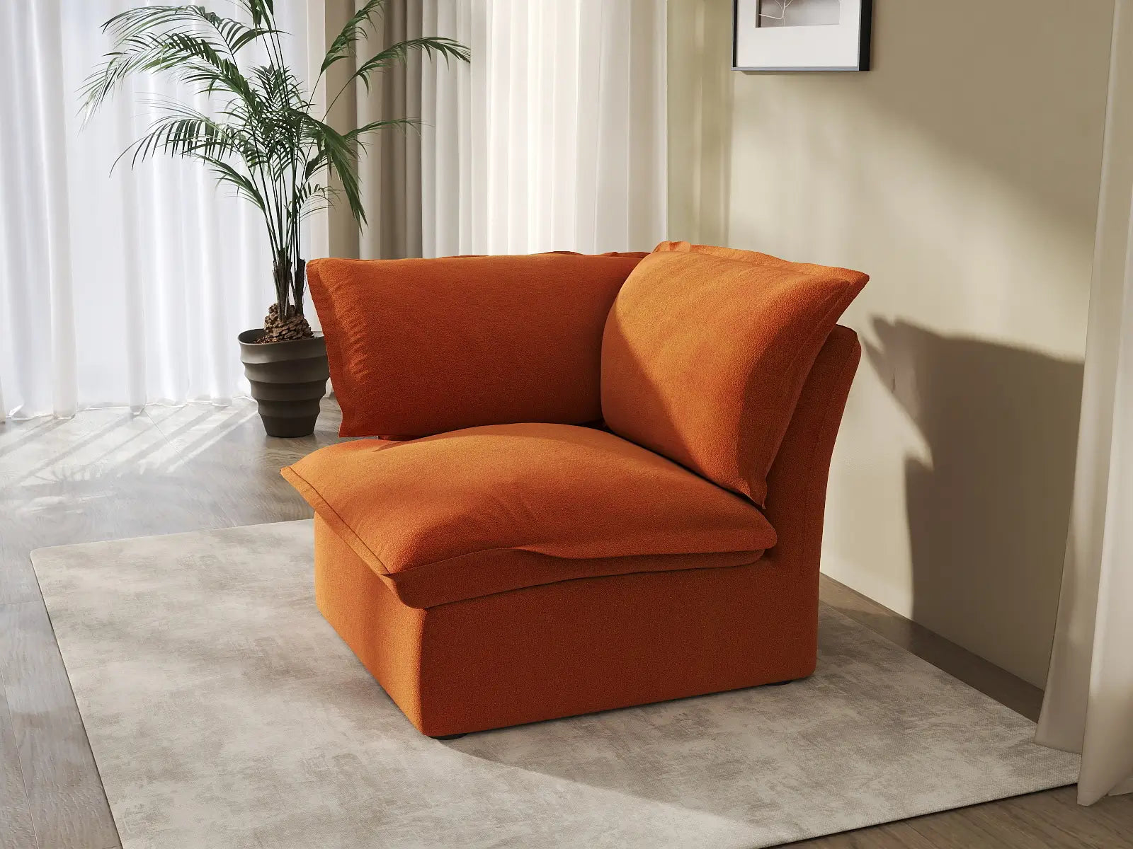 Deluxe Cloud Dark Orange 1-Seater Single Sofa | 1-Piece, Velvet Fabric, Washable Covers