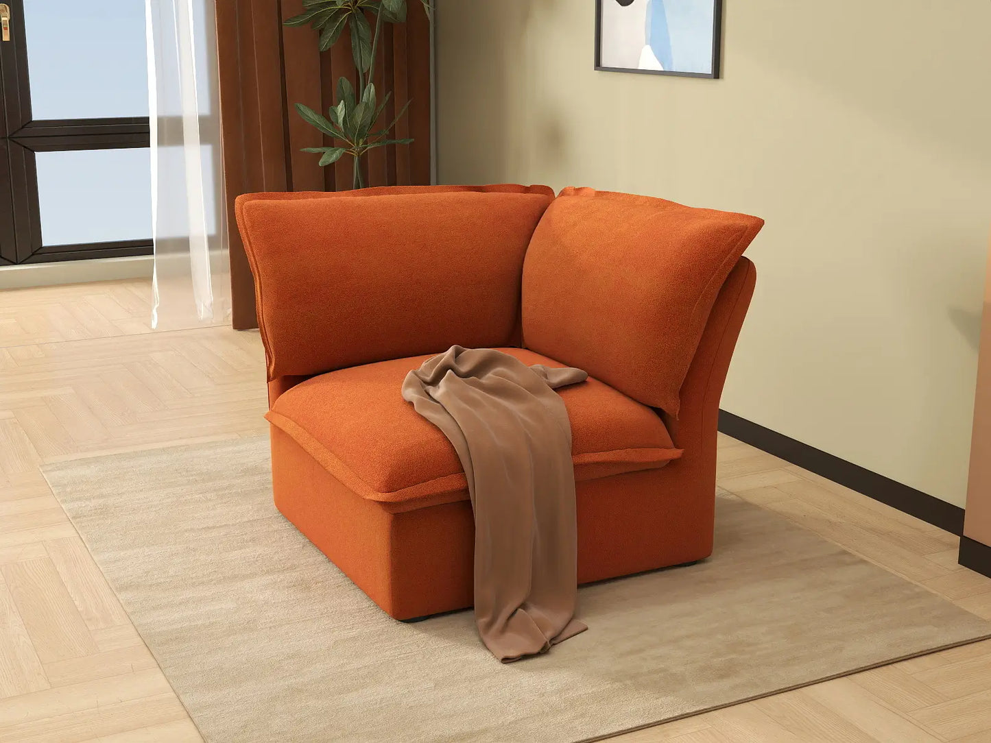 Deluxe Cloud Dark Orange 1-Seater Single Sofa | 1-Piece, Velvet Fabric, Washable Covers