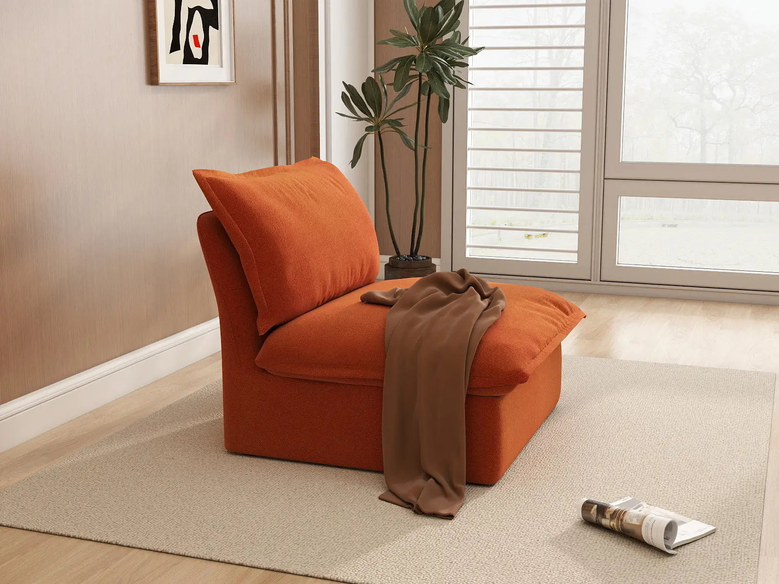Deluxe Cloud Dark Orange 1-Seater Single Sofa | 1-Piece, Velvet Fabric, Washable Covers