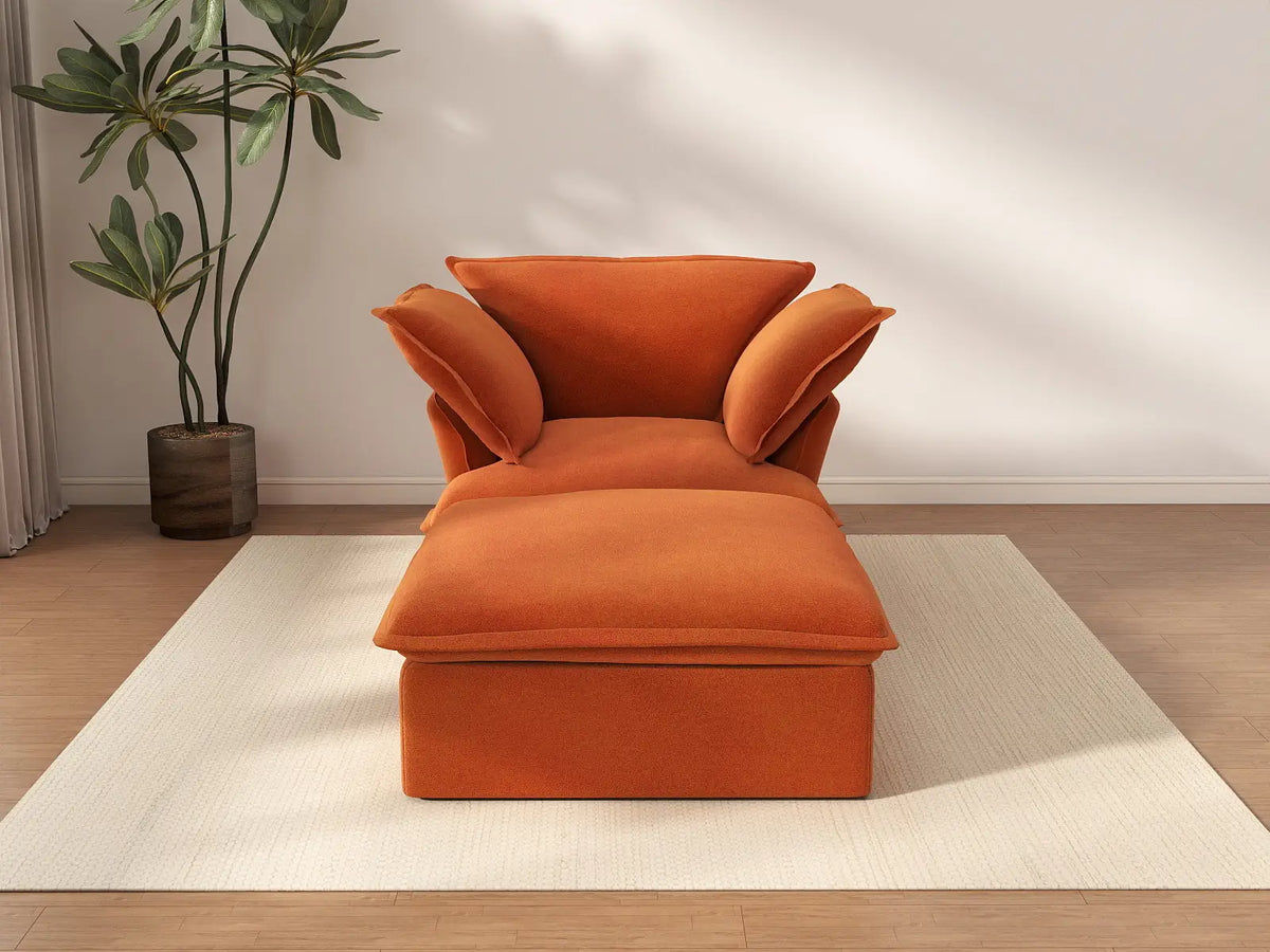 Deluxe Cloud Dark Orange 1-Seater Velvet Sofa | 2-Piece (includes 1 ottoman), Storage Ottoman