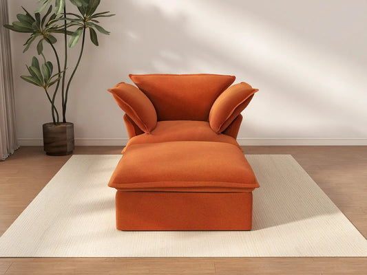 Sofá de terciopelo Deluxe Cloud naranja oscuro de 1 plaza | 2 piezas (incluye 1 otomana), otomana de almacenamiento