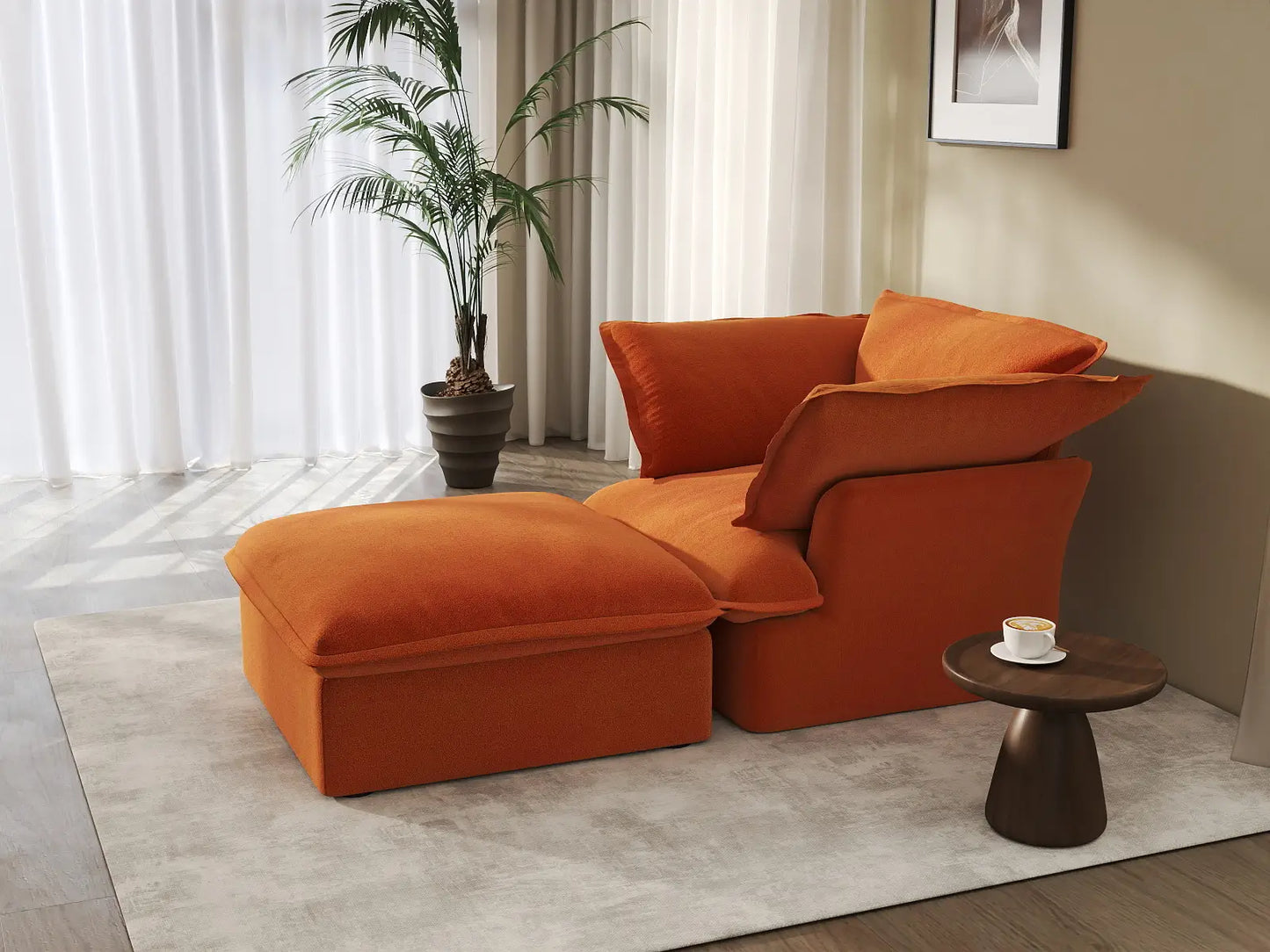 Deluxe Cloud Dark Orange 1-Seater Velvet Sofa | 2-Piece (includes 1 ottoman), Storage Ottoman