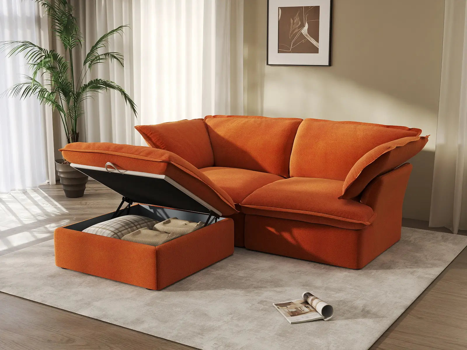 Deluxe Cloud Dark Orange 2-Seater Chaise Sectional | 3-Piece (includes 1 ottoman), Velvet Fabric, Storage Ottoman
