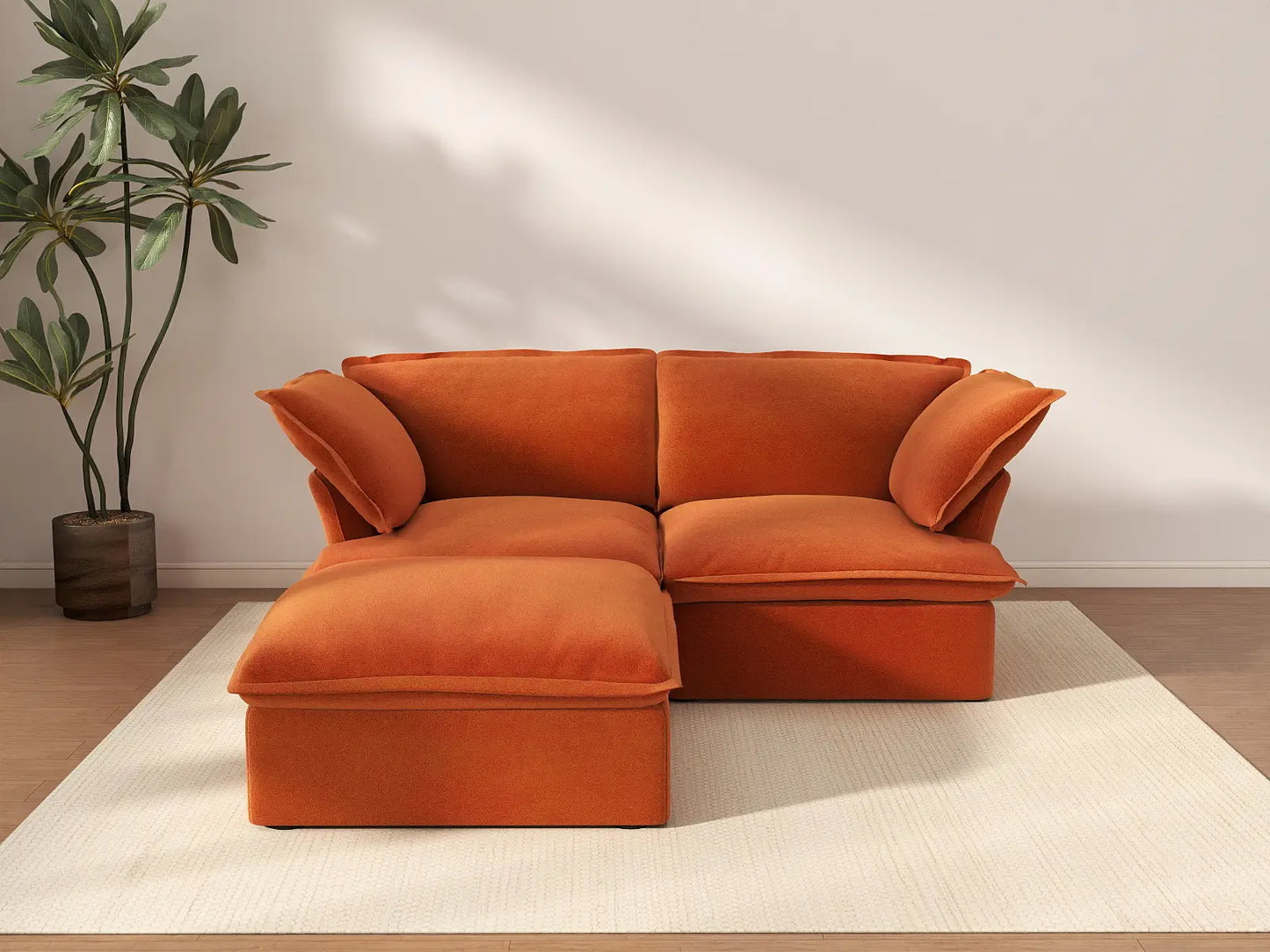 Deluxe Cloud Dark Orange 2-Seater Chaise Sectional | 3-Piece (includes 1 ottoman), Velvet Fabric, Storage Ottoman