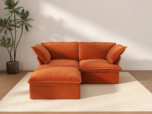 Seccional Chaise Deluxe Nube Naranja Oscuro de 2 Plazas | 3 Piezas (incluye 1 otomana), Tela de Terciopelo, Otomana con Almacenamiento