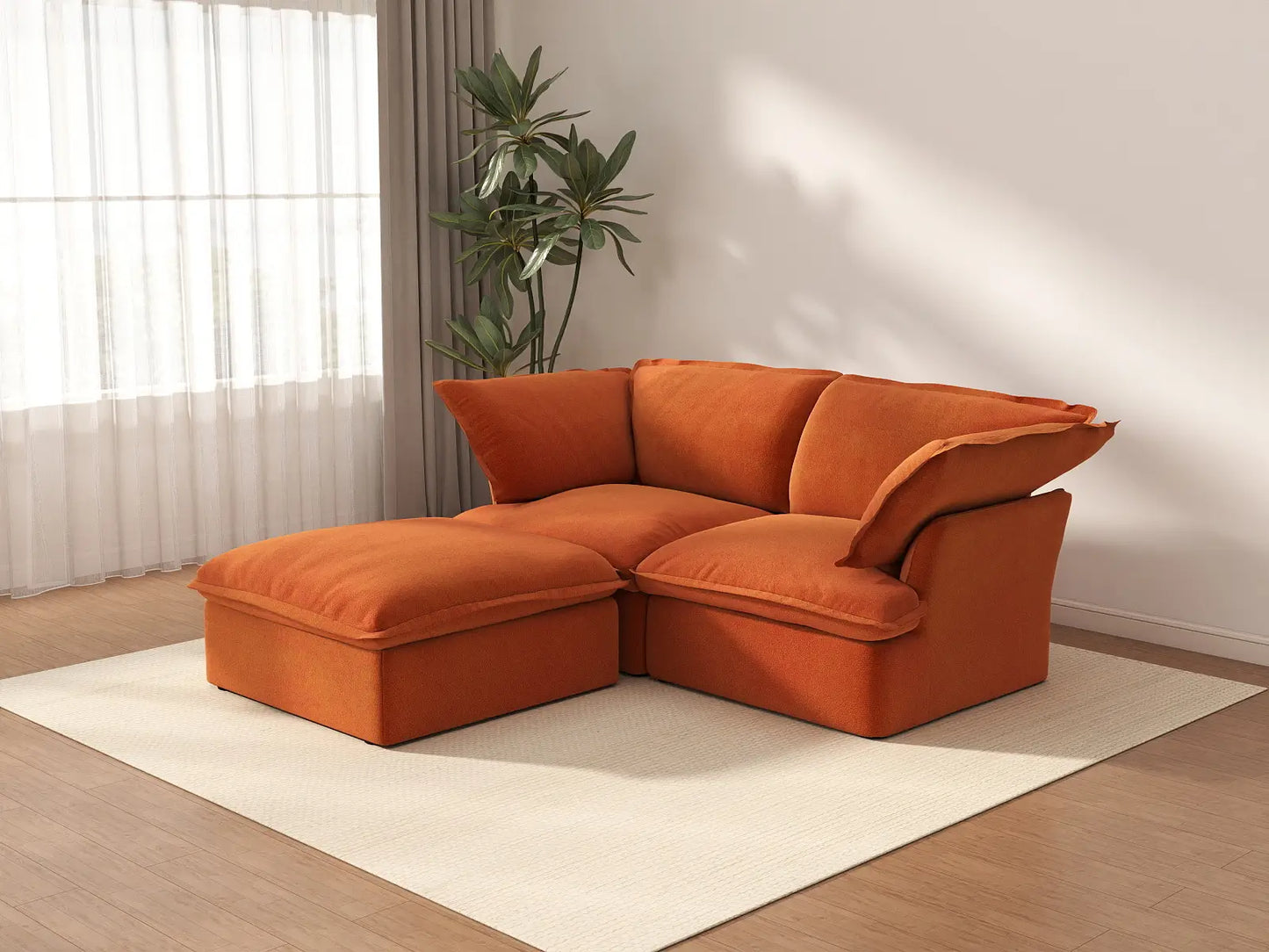 Deluxe Cloud Dark Orange 2-Seater Chaise Sectional | 3-Piece (includes 1 ottoman), Velvet Fabric, Storage Ottoman