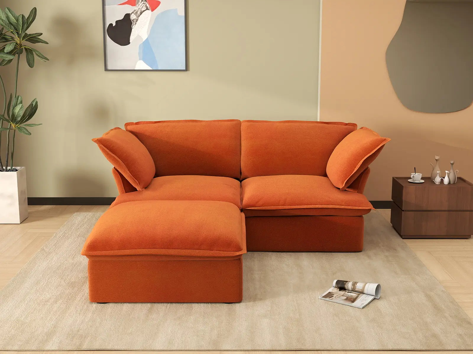 Deluxe Cloud Dark Orange 2-Seater Chaise Sectional | 3-Piece (includes 1 ottoman), Velvet Fabric, Storage Ottoman