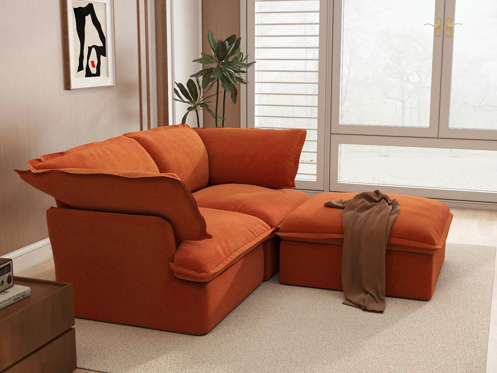 Deluxe Cloud Dark Orange 2-Seater Chaise Sectional | 3-Piece (includes 1 ottoman), Velvet Fabric, Storage Ottoman