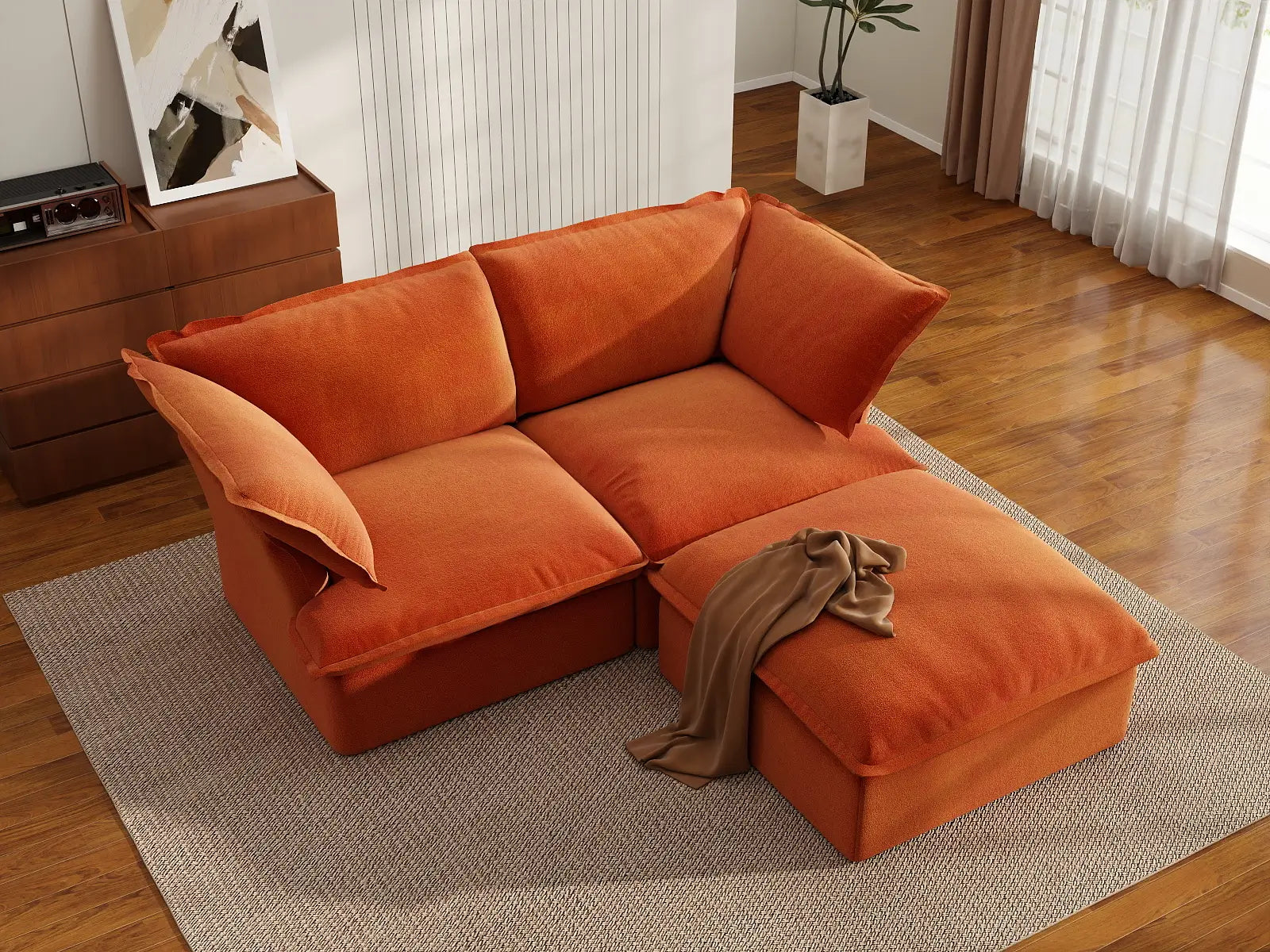 Deluxe Cloud Dark Orange 2-Seater Chaise Sectional | 3-Piece (includes 1 ottoman), Velvet Fabric, Storage Ottoman