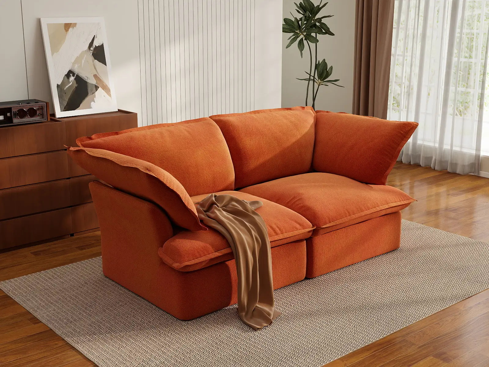 Deluxe Cloud Dark Orange 2-Seater Washable Loveseat | 2-Piece, Velvet Fabric, Small Space