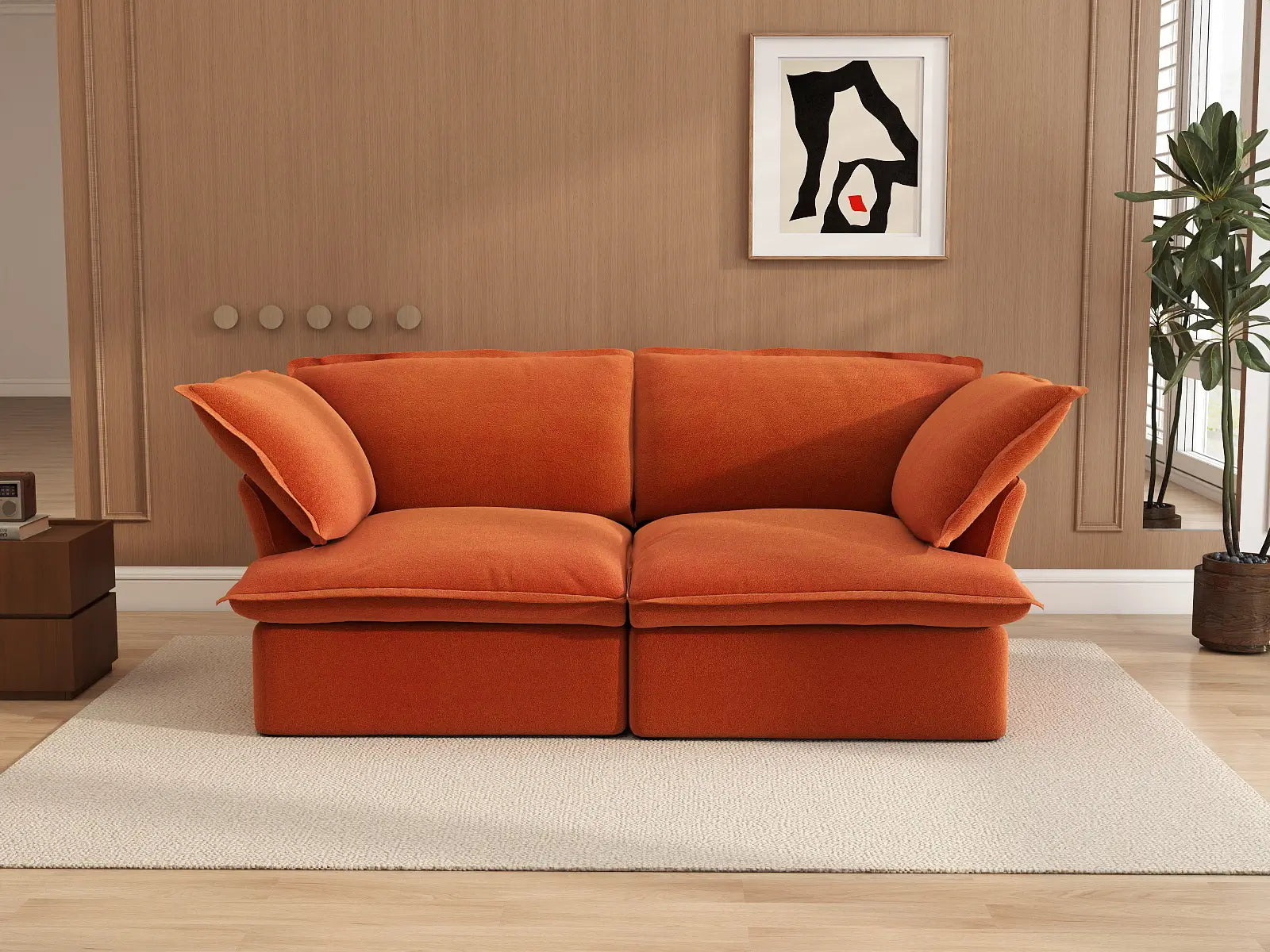 Deluxe Cloud Dark Orange 2-Seater Washable Loveseat | 2-Piece, Velvet Fabric, Small Space