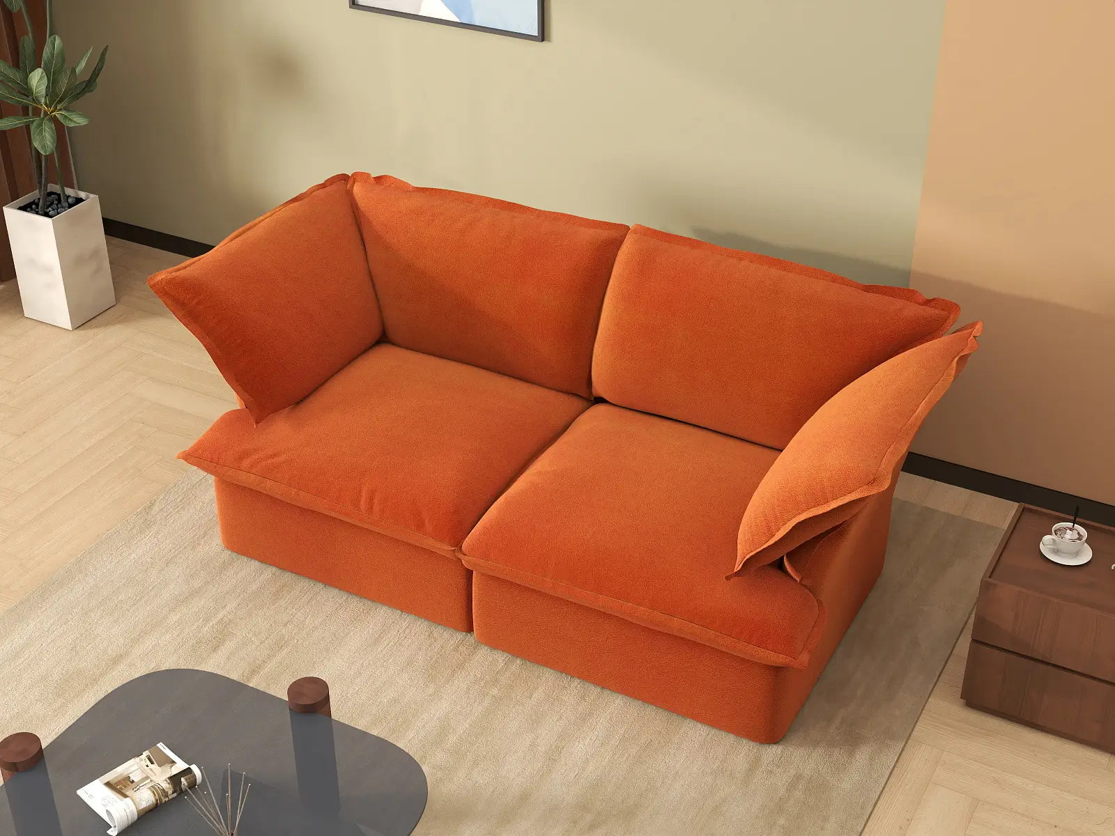 Deluxe Cloud Dark Orange 2-Seater Washable Loveseat | 2-Piece, Velvet Fabric, Small Space