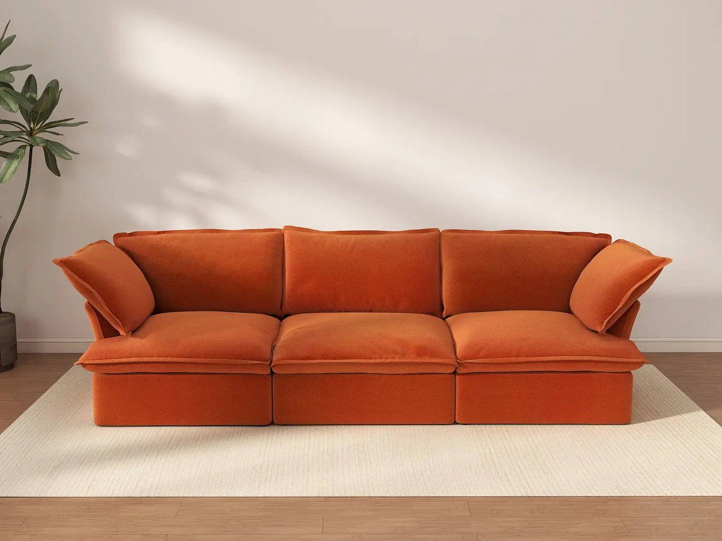 Deluxe Cloud Dark Orange 3-Seater Modular Couch | 3-Piece, Velvet Fabric, Washable Covers
