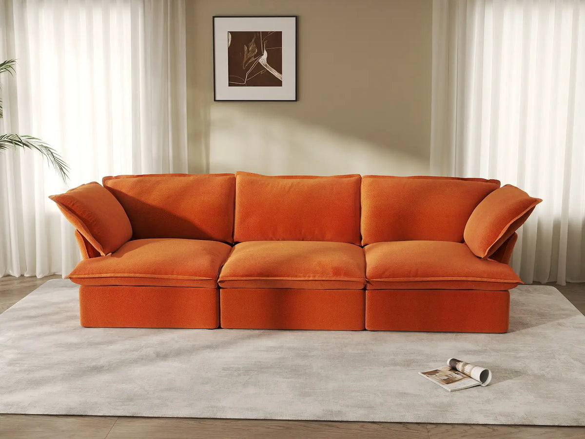 Deluxe Cloud Dark Orange 3-Seater Modular Couch | 3-Piece, Velvet Fabric, Washable Covers