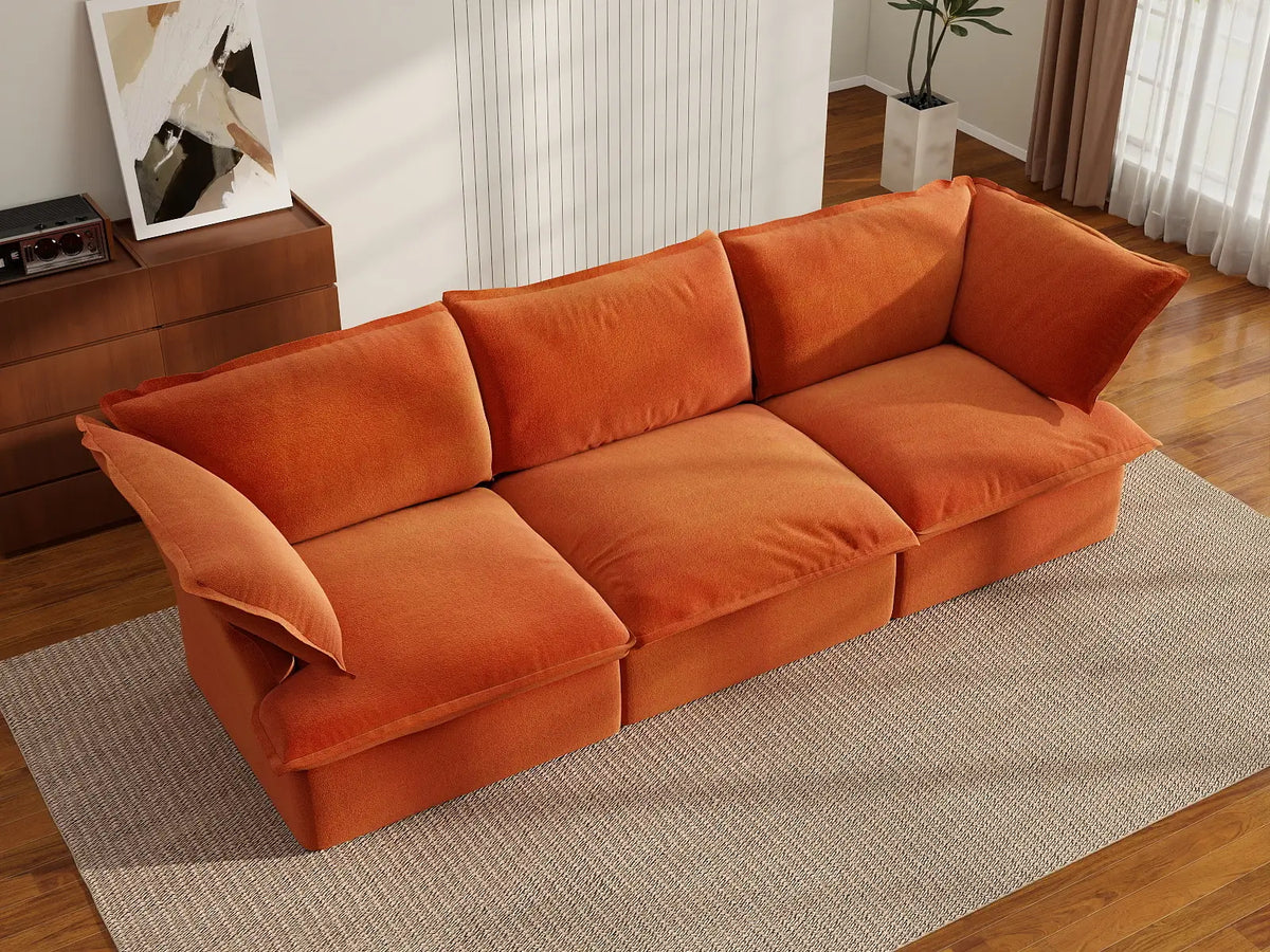 Deluxe Cloud Dark Orange 3-Seater Modular Couch | 3-Piece, Velvet Fabric, Washable Covers