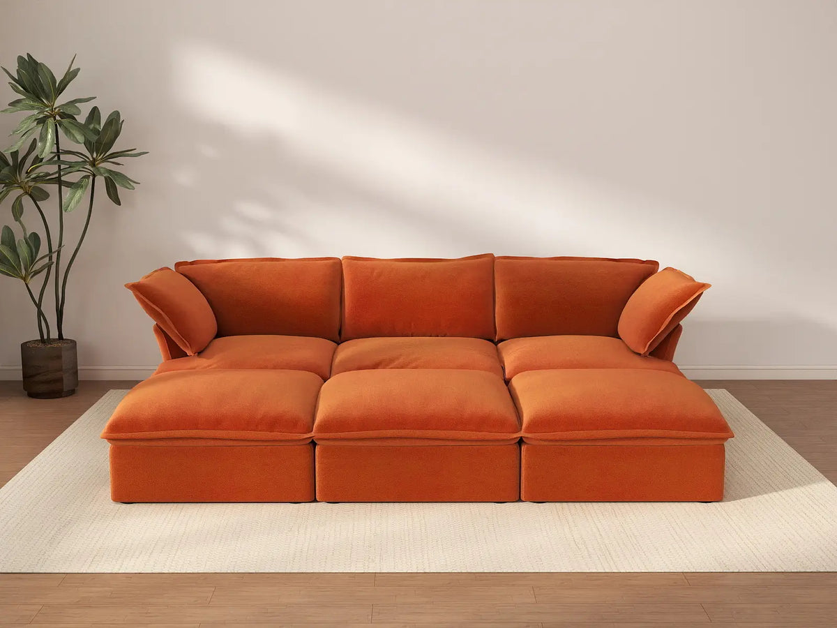 Deluxe Cloud Dark Orange 3-Seater Modular Pit Sectional | 6-Piece (includes 3 ottomans), Velvet Fabric, Storage Ottoman
