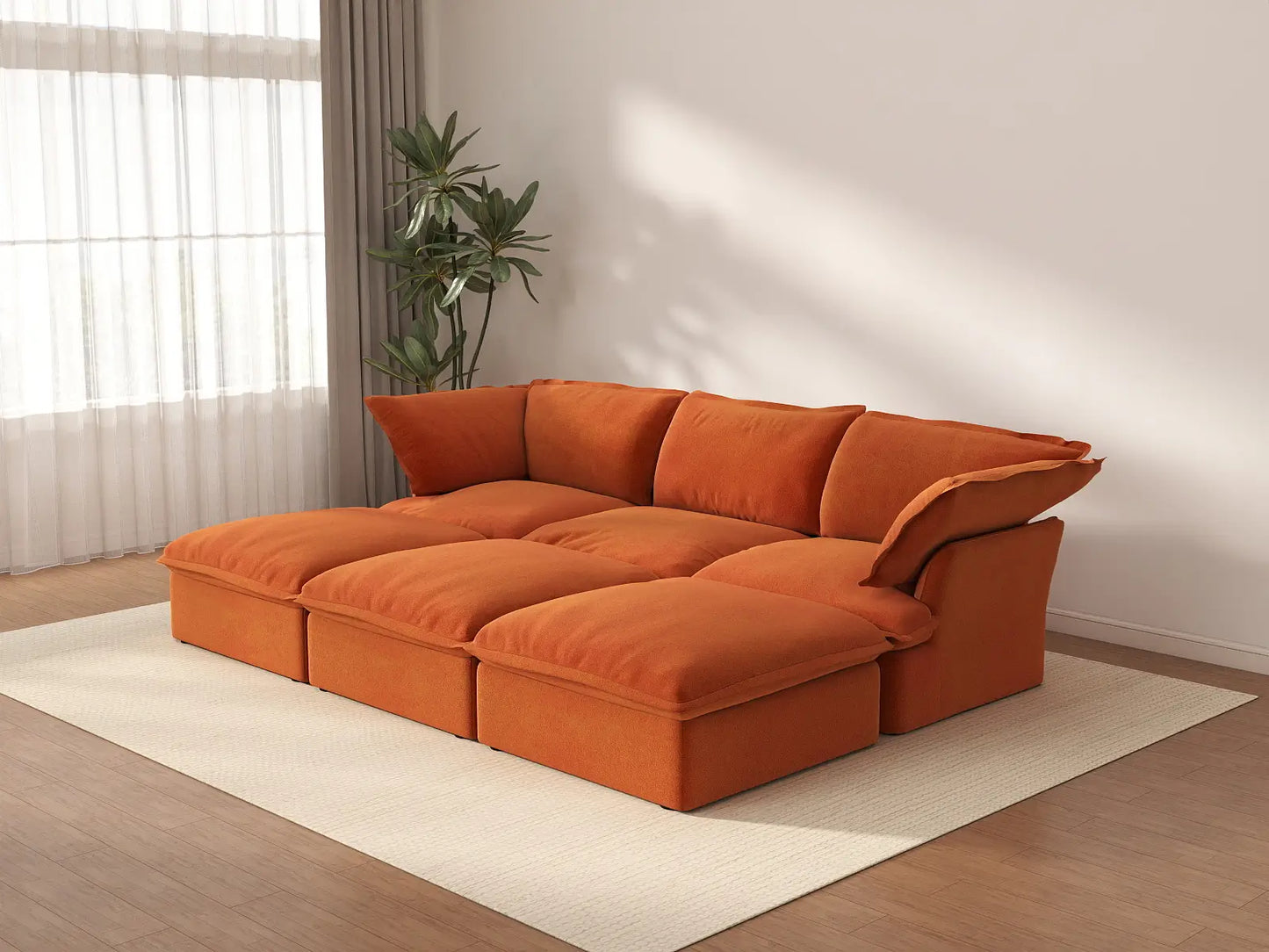 Deluxe Cloud Dark Orange 3-Seater Modular Pit Sectional | 6-Piece (includes 3 ottomans), Velvet Fabric, Storage Ottoman