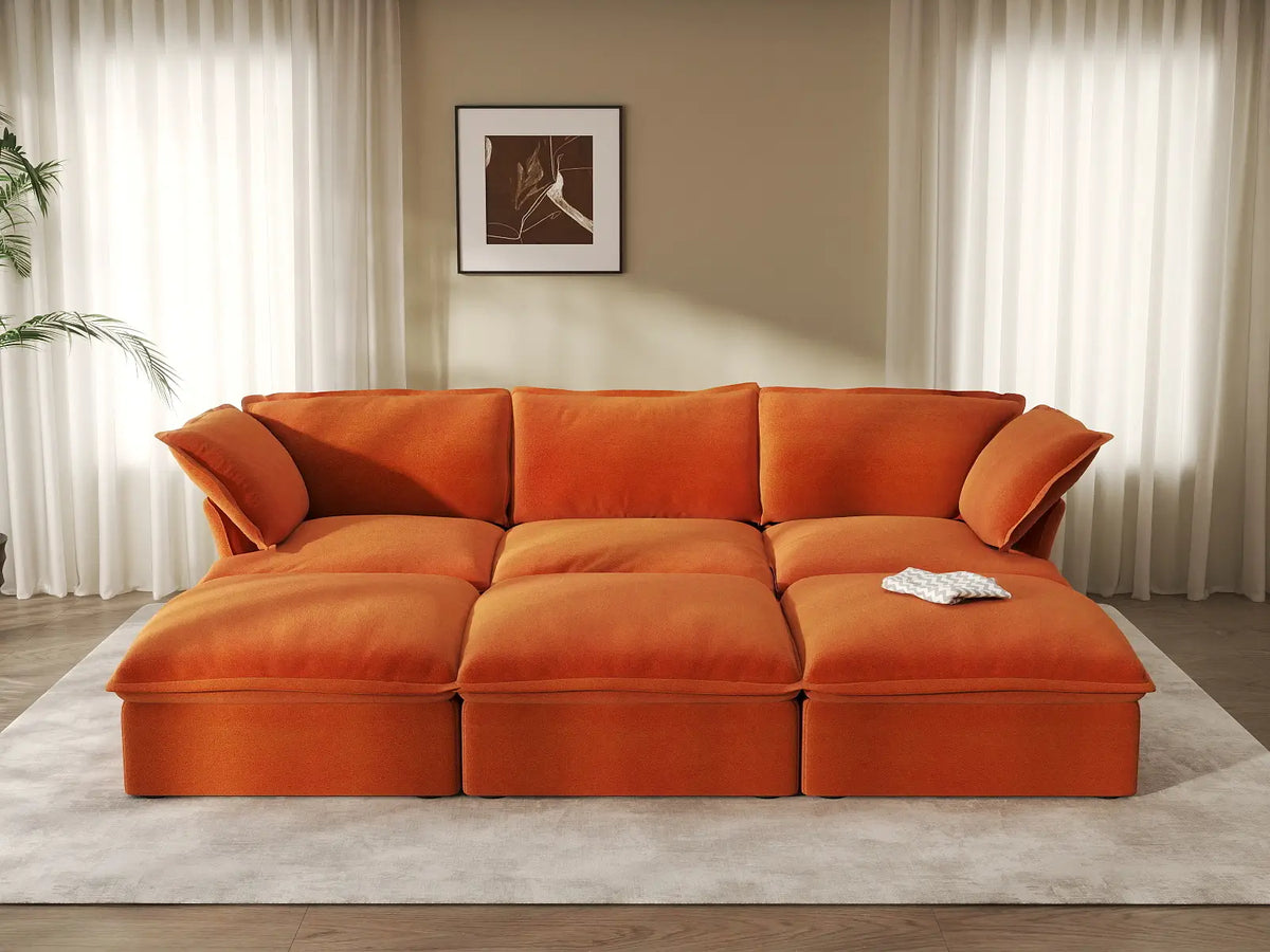 Deluxe Cloud Dark Orange 3-Seater Modular Pit Sectional | 6-Piece (includes 3 ottomans), Velvet Fabric, Storage Ottoman