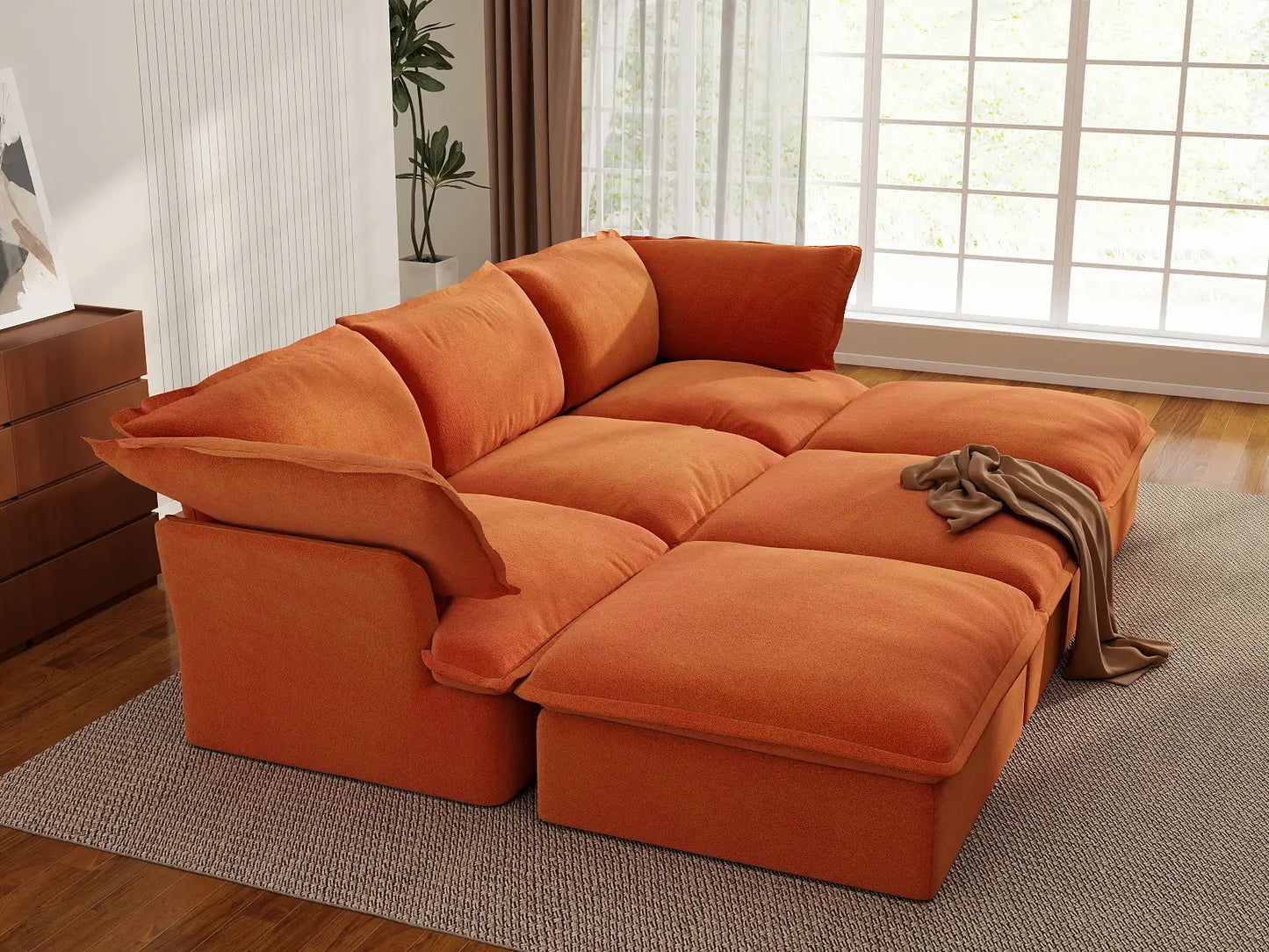 Deluxe Cloud Dark Orange 3-Seater Modular Pit Sectional | 6-Piece (includes 3 ottomans), Velvet Fabric, Storage Ottoman