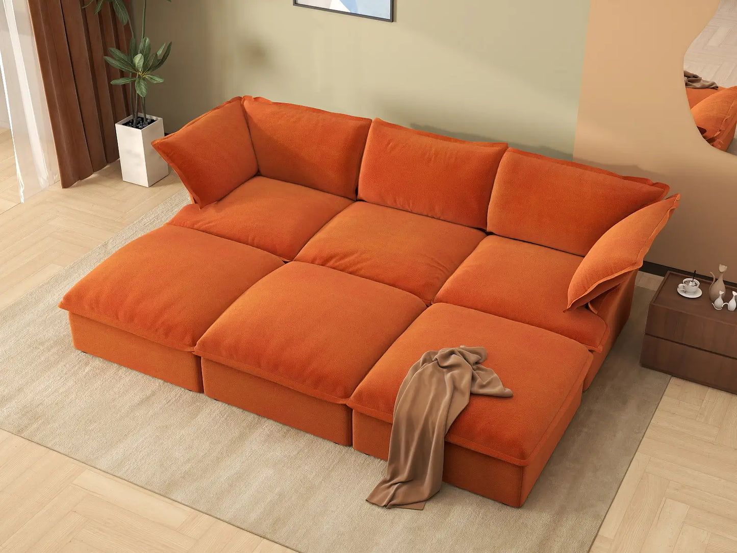 Deluxe Cloud Dark Orange 3-Seater Modular Pit Sectional | 6-Piece (includes 3 ottomans), Velvet Fabric, Storage Ottoman
