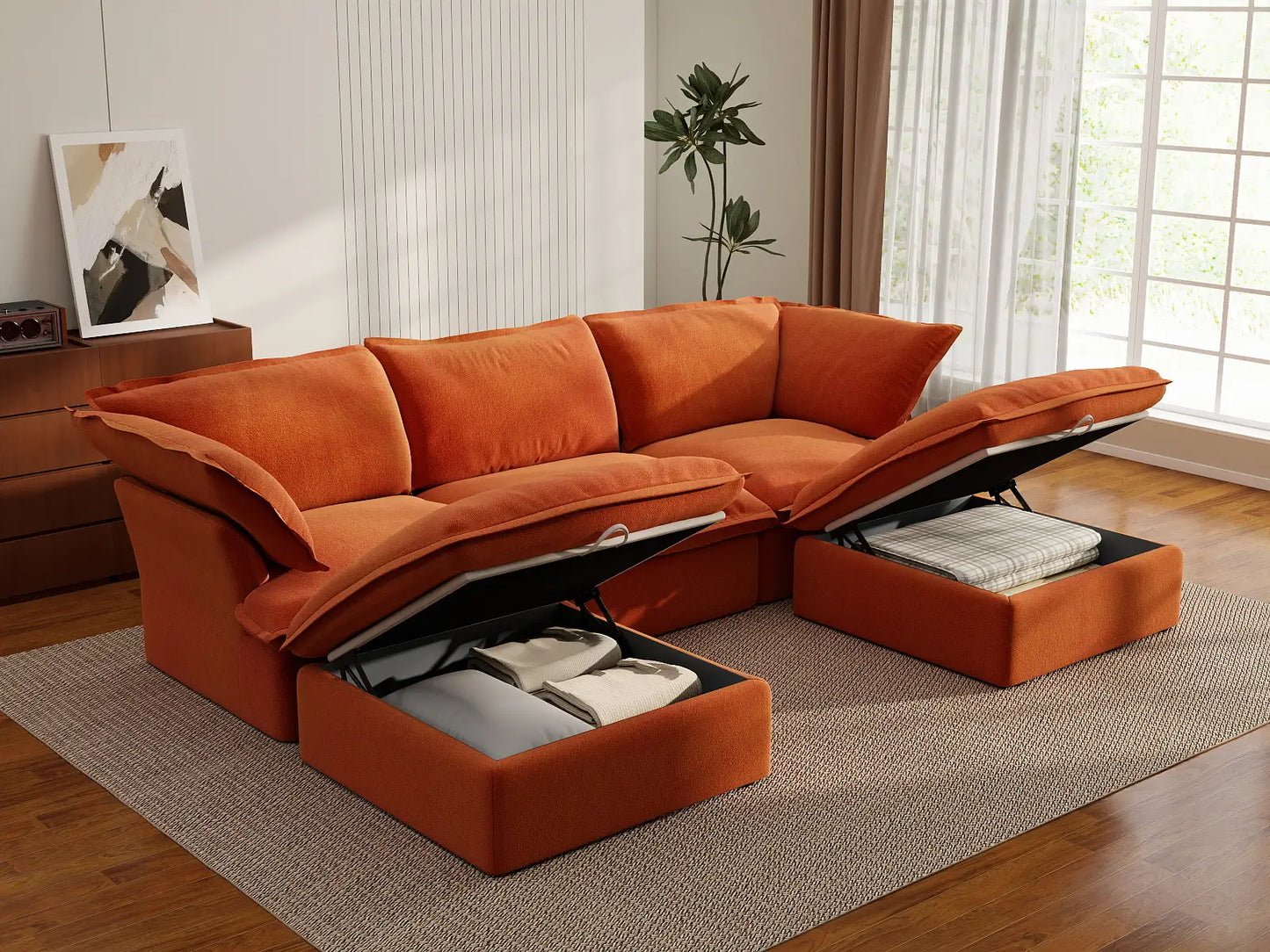 Deluxe Cloud Dark Orange 3-Seater Modular Sectional | 5-Piece (includes 2 ottomans), Velvet Fabric, Storage Ottoman